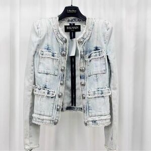 Authentic Balmain Women's Distressed Light Blue Blazer